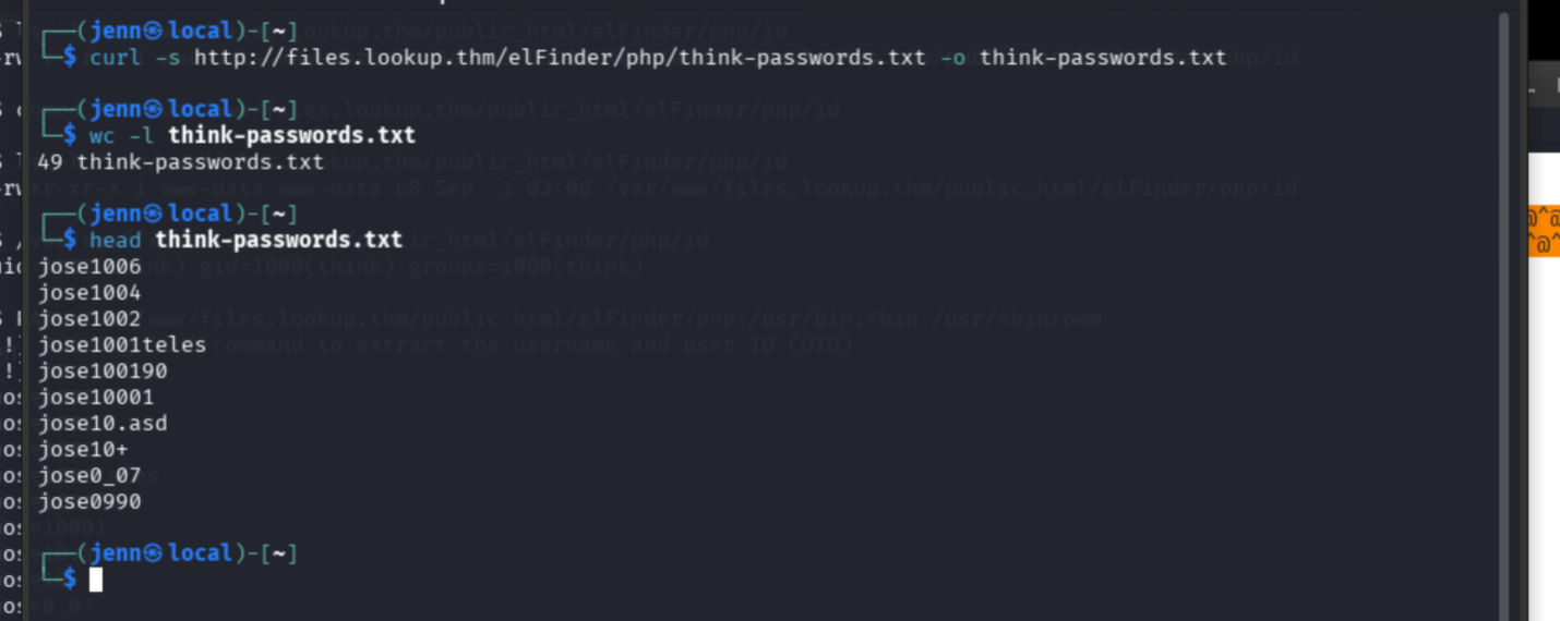 Downloaded password wordlist containing 49 candidates for think